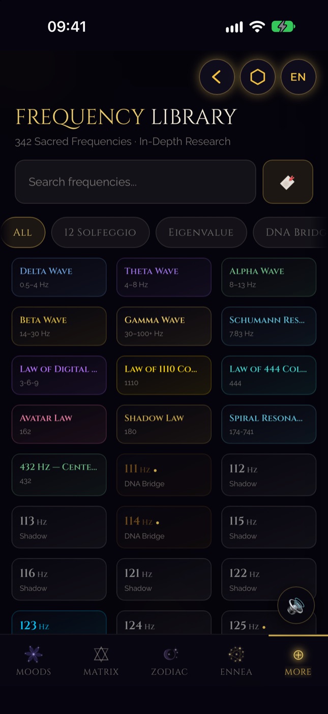 SQW frequency library on iPhone — 342 frequencies