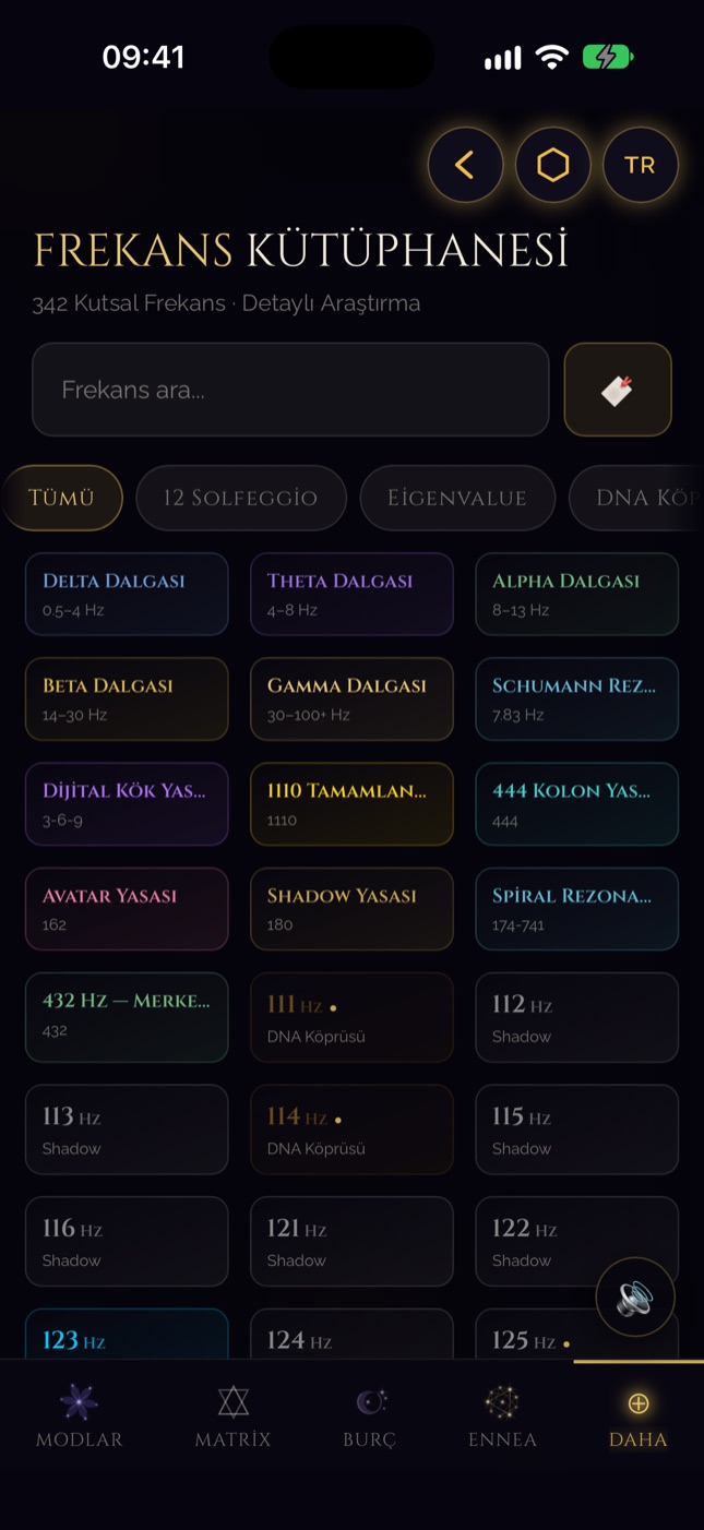 iPhone'da SQW frekans kütüphanesi — 342 frekans