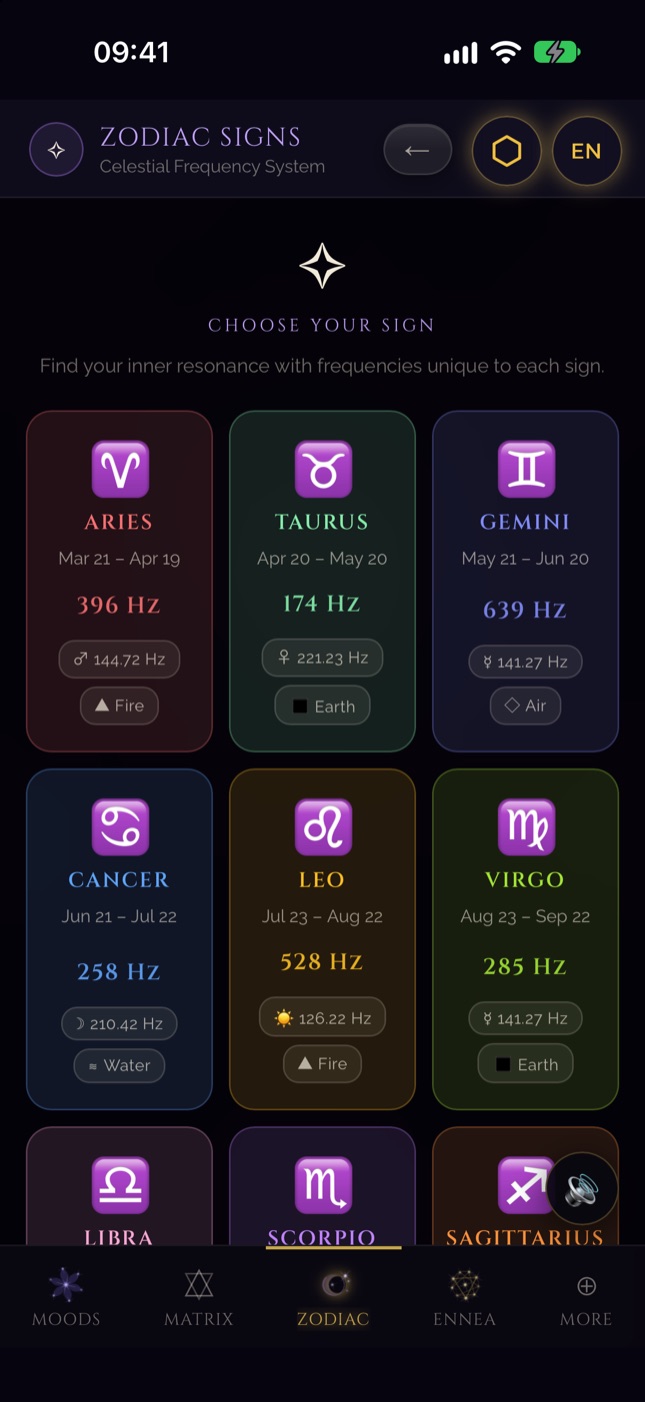SQW zodiac screen on iPhone — the frequencies of the twelve signs