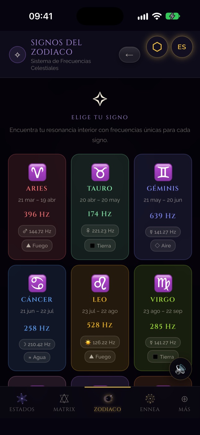 Pantalla del zodiaco de SQW en iPhone — las frecuencias de los doce signos