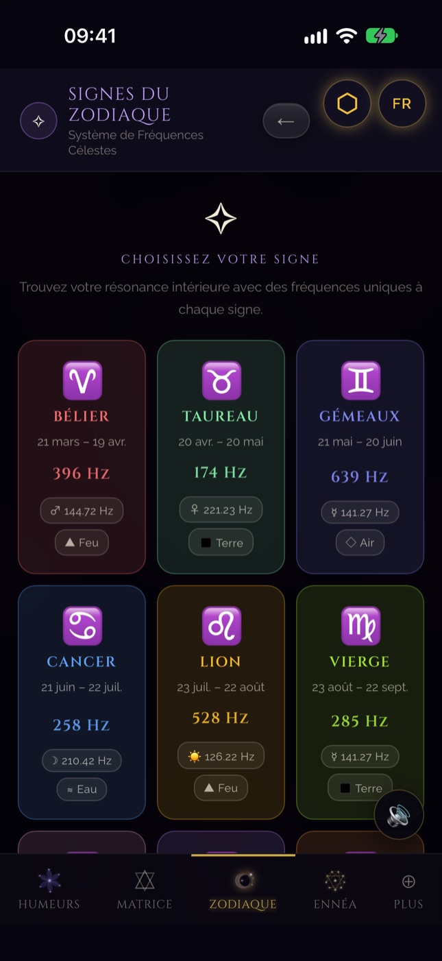 Écran du zodiaque de SQW sur iPhone — les fréquences des douze signes