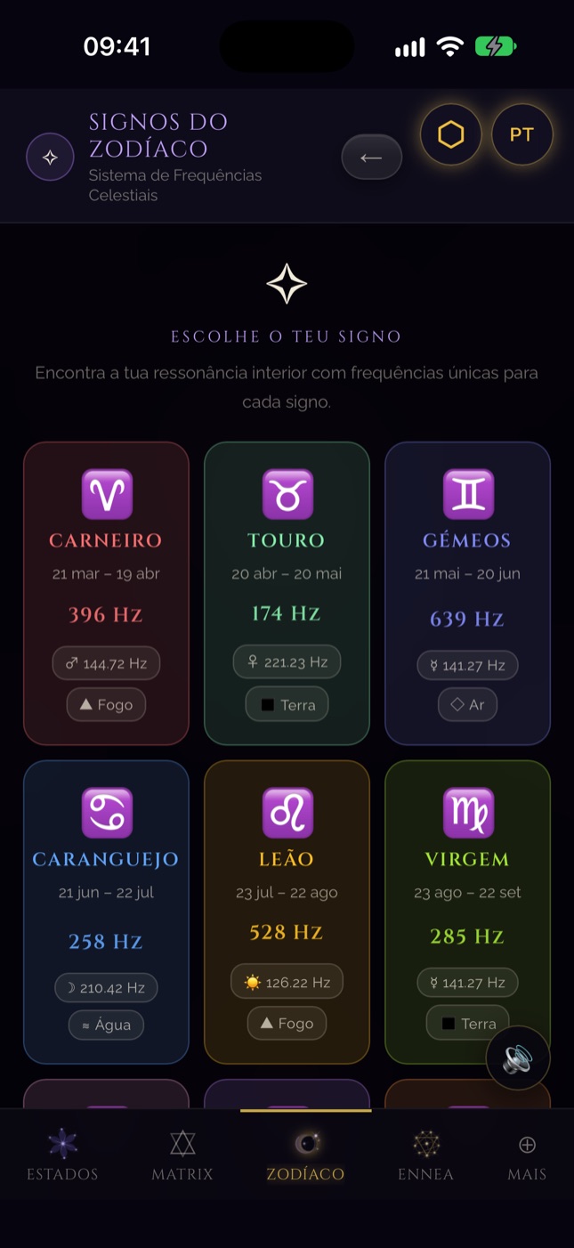 Tela do zodíaco do SQW no iPhone — as frequências dos doze signos