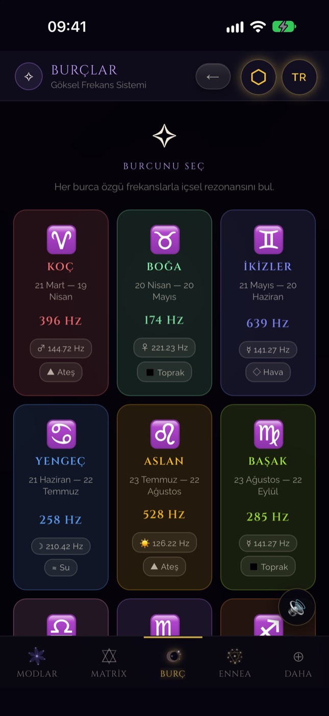 iPhone'da SQW burç ekranı — on iki burcun frekansları
