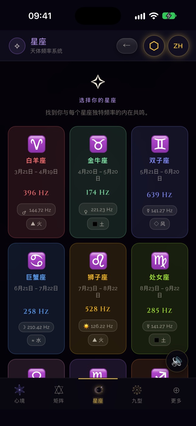iPhone 上的 SQW 星座画面——十二星座的频率